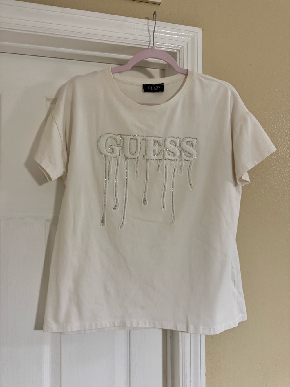 GUESS Los Angeles Rhinestone Drip Logo T-Shirt White Size L
